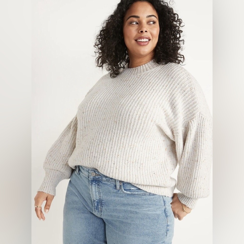 Women's New Mock Neck Speckled Cream Balloon Sleeve Sweater-Size 2X